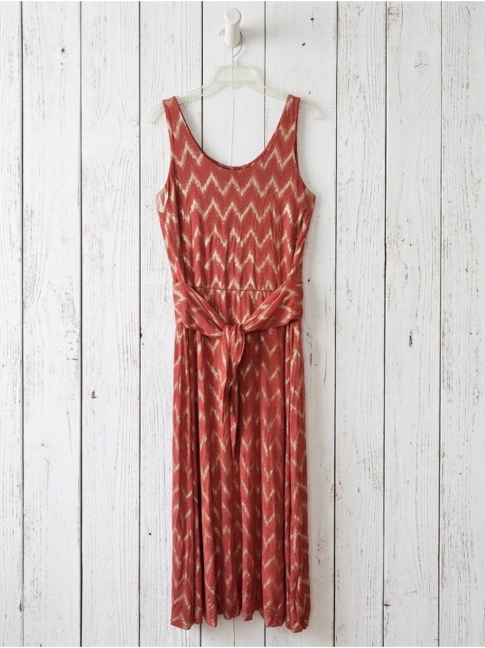Soft Surroundings Rust Chevron Maxi Dress with Waist Tie